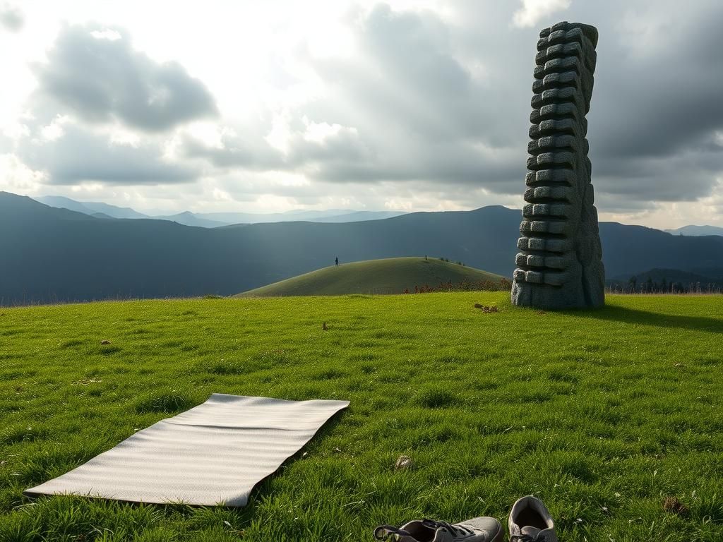 Flick International Abandoned yoga mat and spine sculpture in a grassy field