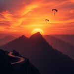 Flick International Dramatic sunset over a rugged mountain range with action elements like a motorcycle and parachute