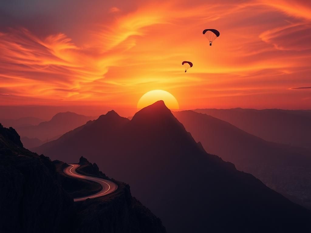 Flick International Dramatic sunset over a rugged mountain range with action elements like a motorcycle and parachute