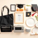 Flick International Flat lay of graduation gifts including a tote bag, diploma frame, and cookware set