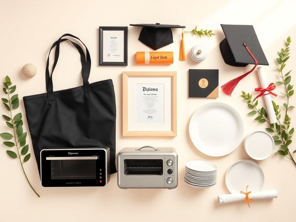 Flick International Flat lay of graduation gifts including a tote bag, diploma frame, and cookware set