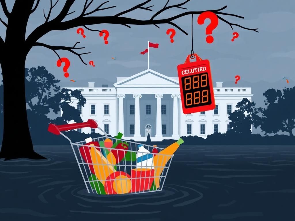 Flick International A stylized depiction of the White House with an abandoned shopping cart in rising water illustrating economic challenges.