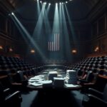 Flick International Dimly lit congressional chamber with scattered legislative bills