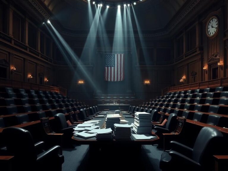 Flick International Dimly lit congressional chamber with scattered legislative bills