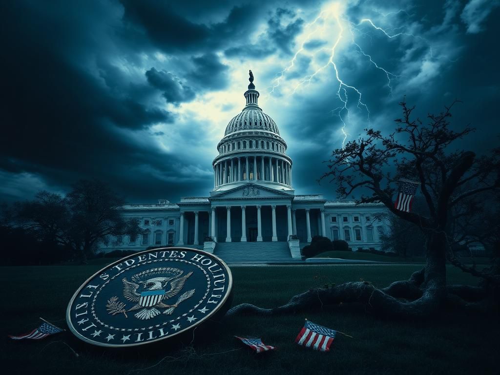 Flick International Dramatic depiction of the U.S. Capitol building under a stormy sky symbolizing political tension