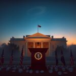 Flick International A dramatic view of an empty White House podium surrounded by campaign buttons and U.S. flags at twilight