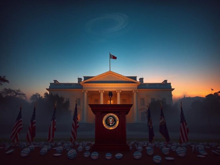 Flick International A dramatic view of an empty White House podium surrounded by campaign buttons and U.S. flags at twilight