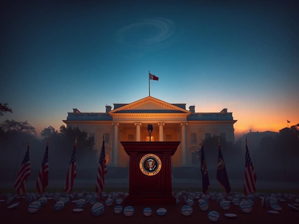 Flick International A dramatic view of an empty White House podium surrounded by campaign buttons and U.S. flags at twilight