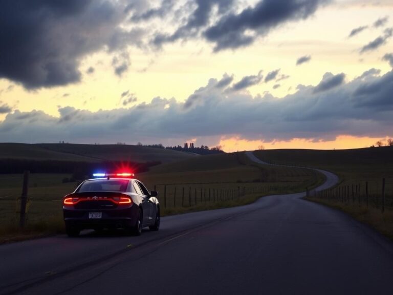 Flick International Black sedan with flashing police lights in a tranquil Missouri countryside at dawn