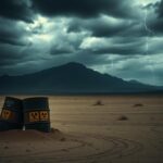 Flick International Barren desert landscape with rusty barrels symbolizing nuclear debate