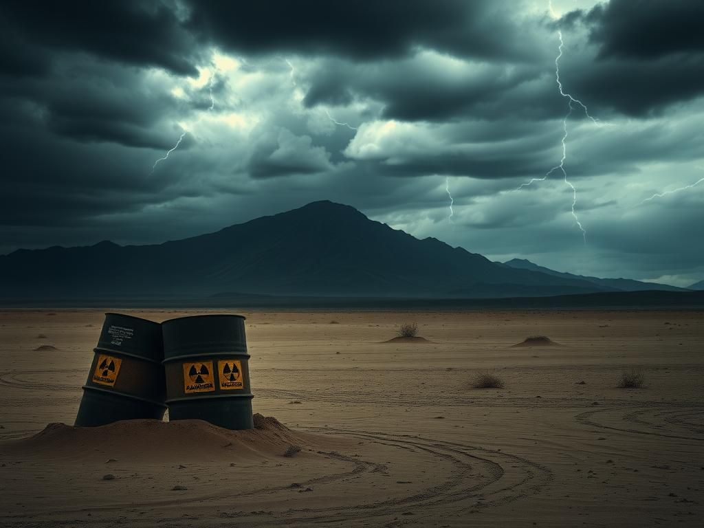 Flick International Barren desert landscape with rusty barrels symbolizing nuclear debate