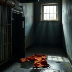 Flick International Dimly lit, abandoned jail cell with rusty bars and ajar door indicating escape route
