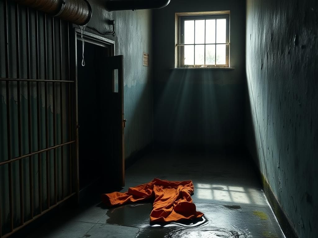 Flick International Dimly lit, abandoned jail cell with rusty bars and ajar door indicating escape route