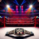 Flick International Dynamic wrestling ring illuminated by bright lights with championship belts and a cheering crowd