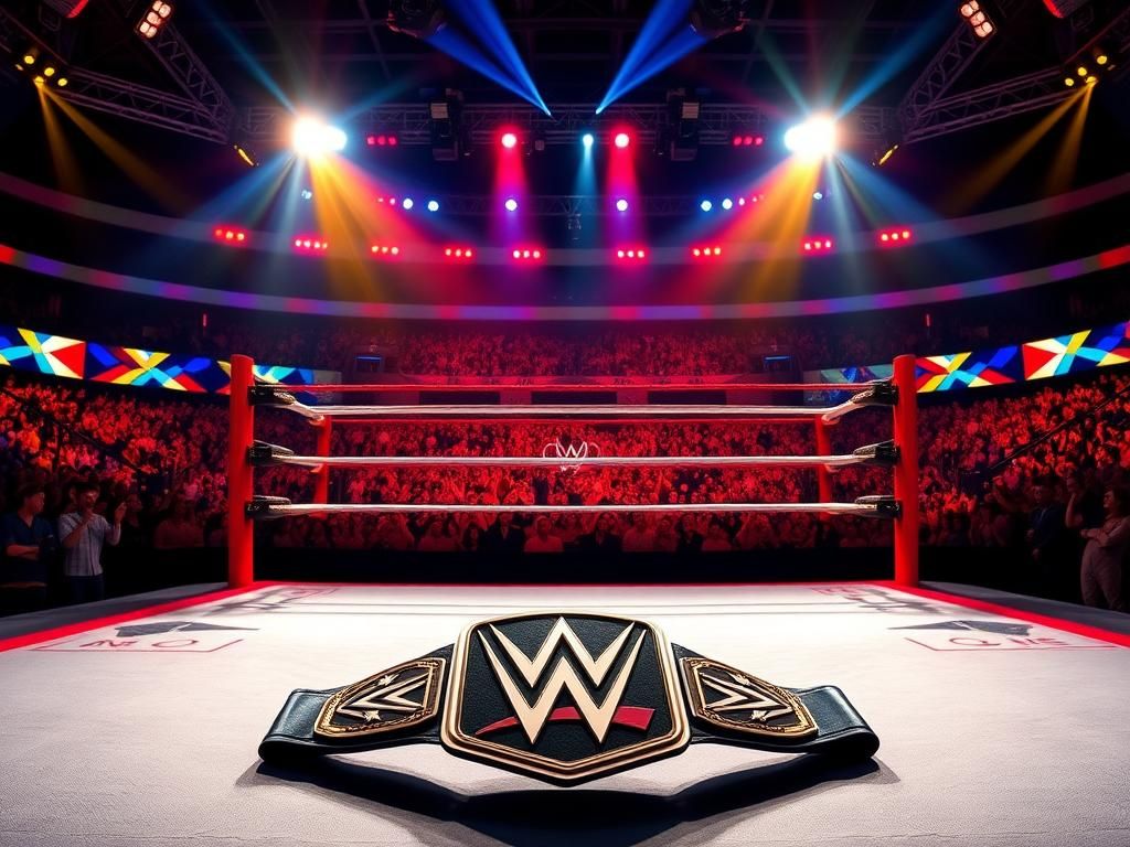 Flick International Dynamic wrestling ring illuminated by bright lights with championship belts and a cheering crowd