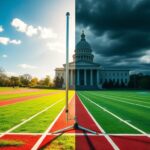 Flick International split scene showing a vibrant outdoor track and field contrasting with a shadowy representation of the Maine state capitol