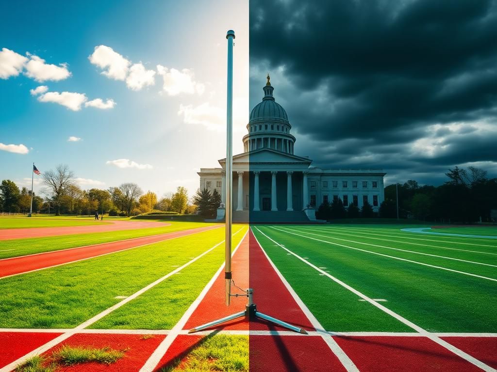 Flick International split scene showing a vibrant outdoor track and field contrasting with a shadowy representation of the Maine state capitol