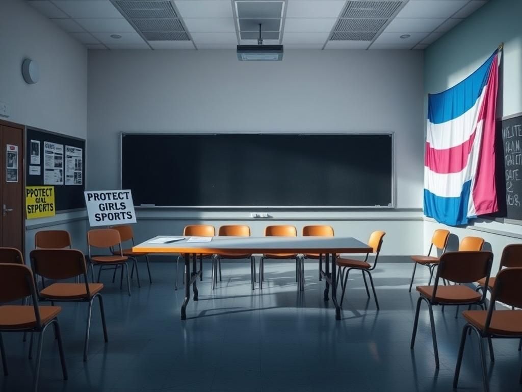 Flick International Tense school board meeting with conflicting signs and a trans flag