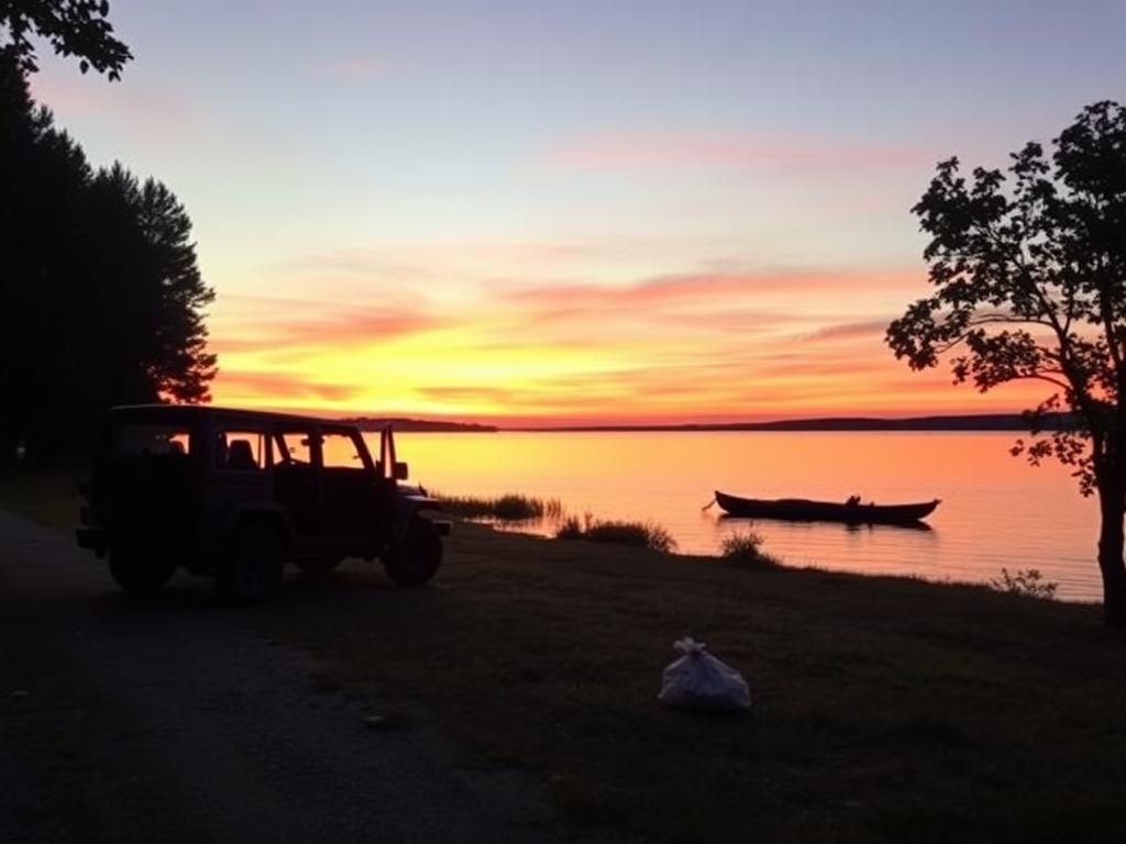 Flick International A serene sunset over Lake Norman with an empty Jeep Wagoneer parked on the roadside