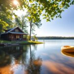 Flick International Serene lakeside view in Minnesota with cozy wooden cabin and lush greenery