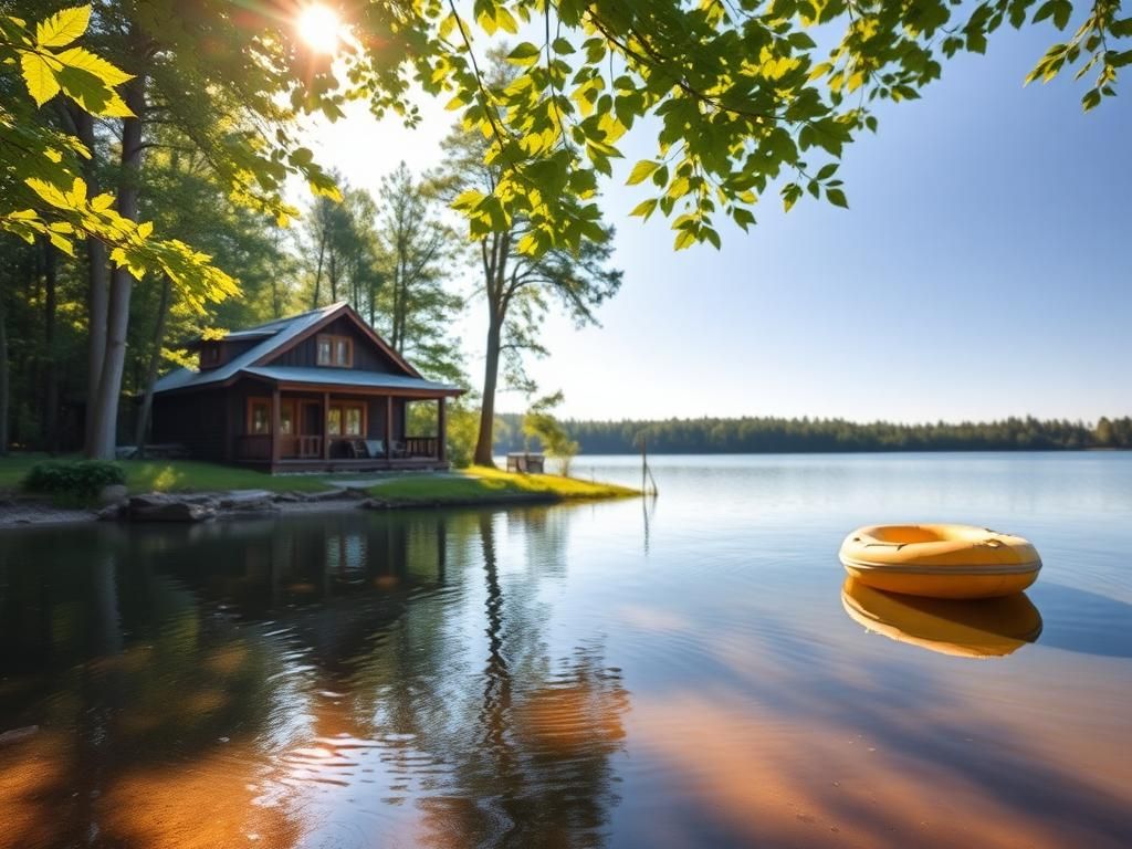 Flick International Serene lakeside view in Minnesota with cozy wooden cabin and lush greenery
