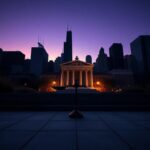 Flick International Urban landscape of Chicago at dusk with symbolic justice representation