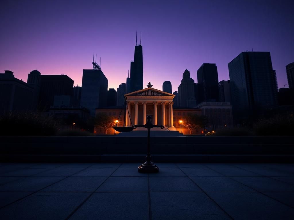 Flick International Urban landscape of Chicago at dusk with symbolic justice representation