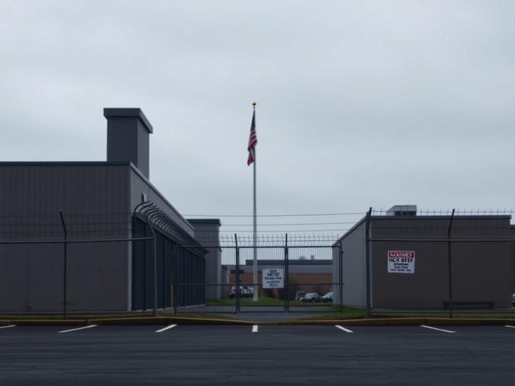 Flick International Exterior view of an ICE facility in Newark, New Jersey, under a gray sky