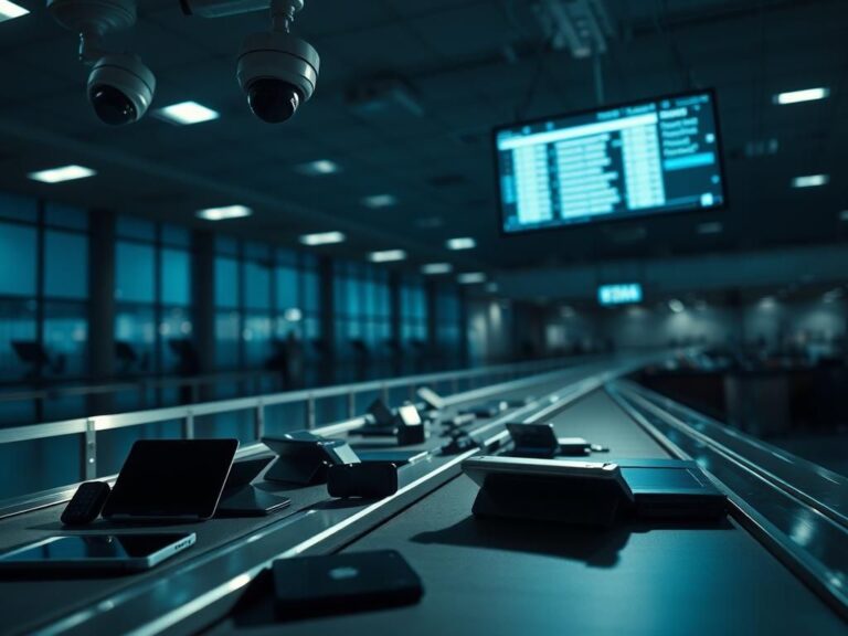 Flick International Dimly lit airport terminal with surveillance cameras monitoring security screening area