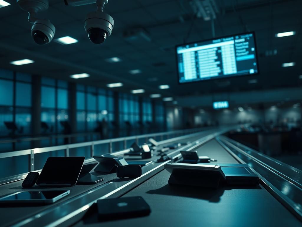 Flick International Dimly lit airport terminal with surveillance cameras monitoring security screening area