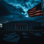 Flick International Dramatic image of a shadowy Pentagon building at twilight with an American flag