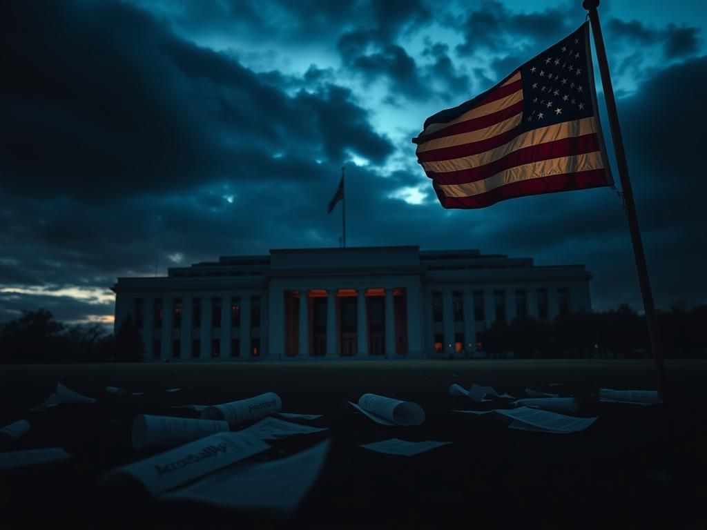 Flick International Dramatic image of a shadowy Pentagon building at twilight with an American flag