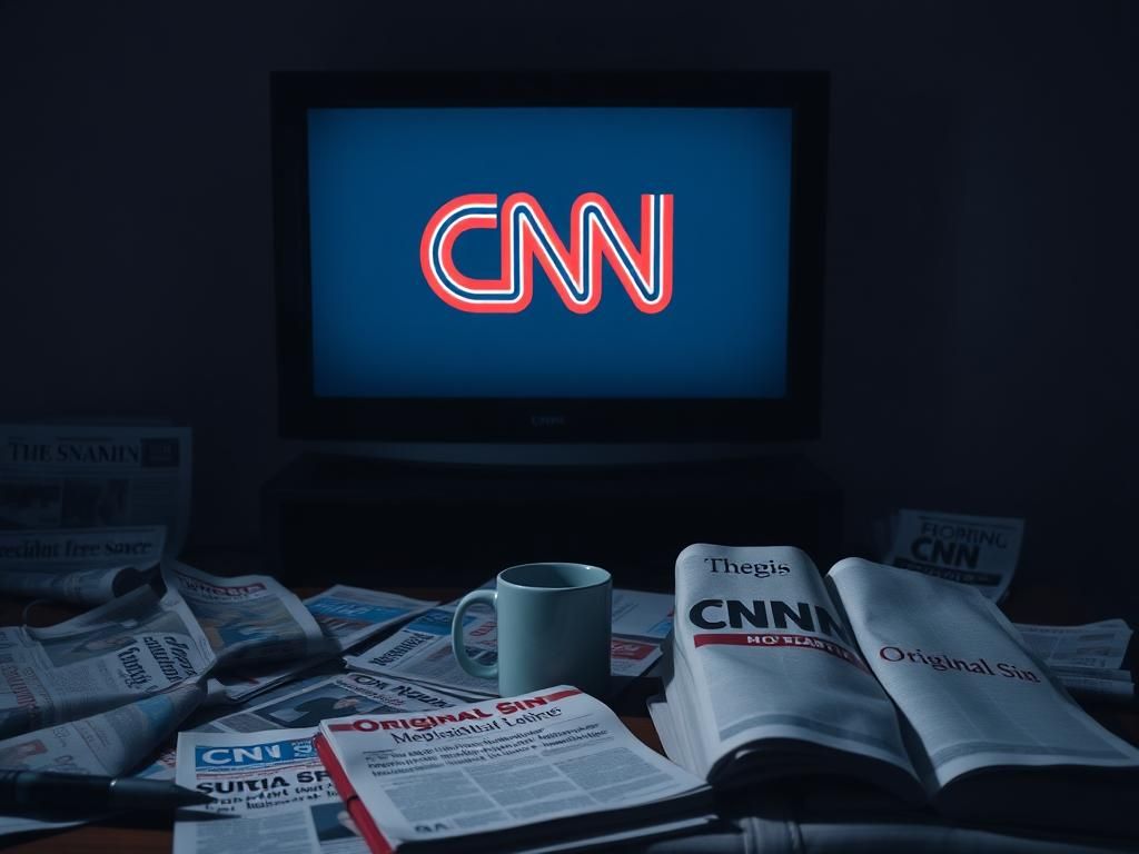 Flick International A dimly lit room with a muted television displaying the CNN logo, surrounded by newspapers about President Biden's mental decline and cancer diagnosis.