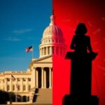 Flick International Vibrant New York State Capitol with flags symbolizing Democratic leadership and a shadowy silhouette of Elise Stefanik representing the Republican challenge