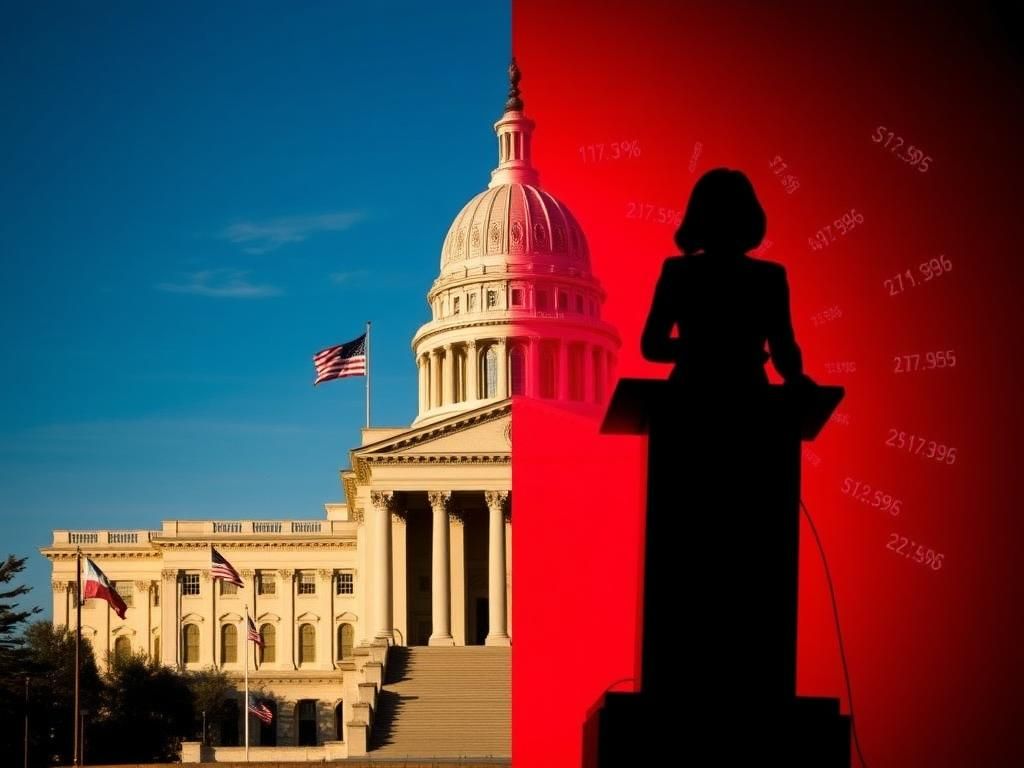Flick International Vibrant New York State Capitol with flags symbolizing Democratic leadership and a shadowy silhouette of Elise Stefanik representing the Republican challenge