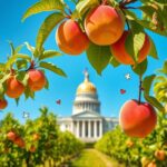 Flick International Vibrant landscape of Georgia with peach orchards and the State Capitol
