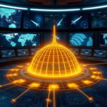 Flick International High-tech control room featuring missile defense monitors and a schematic of a golden dome-shaped structure