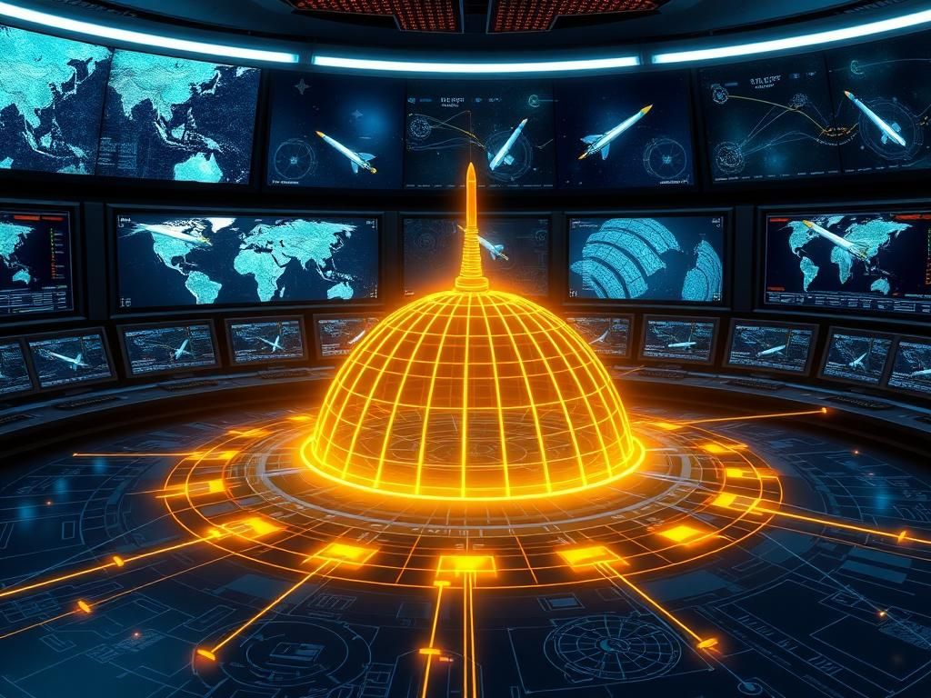 Flick International High-tech control room featuring missile defense monitors and a schematic of a golden dome-shaped structure