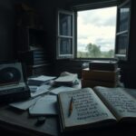 Flick International Dimly lit room with an old wooden desk, vintage tape recorder, and gloomy sky symbolizing political discussions