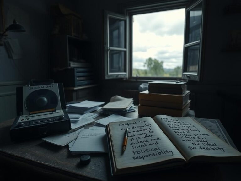 Flick International Dimly lit room with an old wooden desk, vintage tape recorder, and gloomy sky symbolizing political discussions