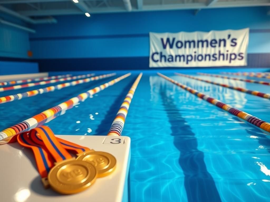 Flick International A serene swimming pool scene with colorful lane dividers and gold medals, capturing the essence of competition in women's swimming.