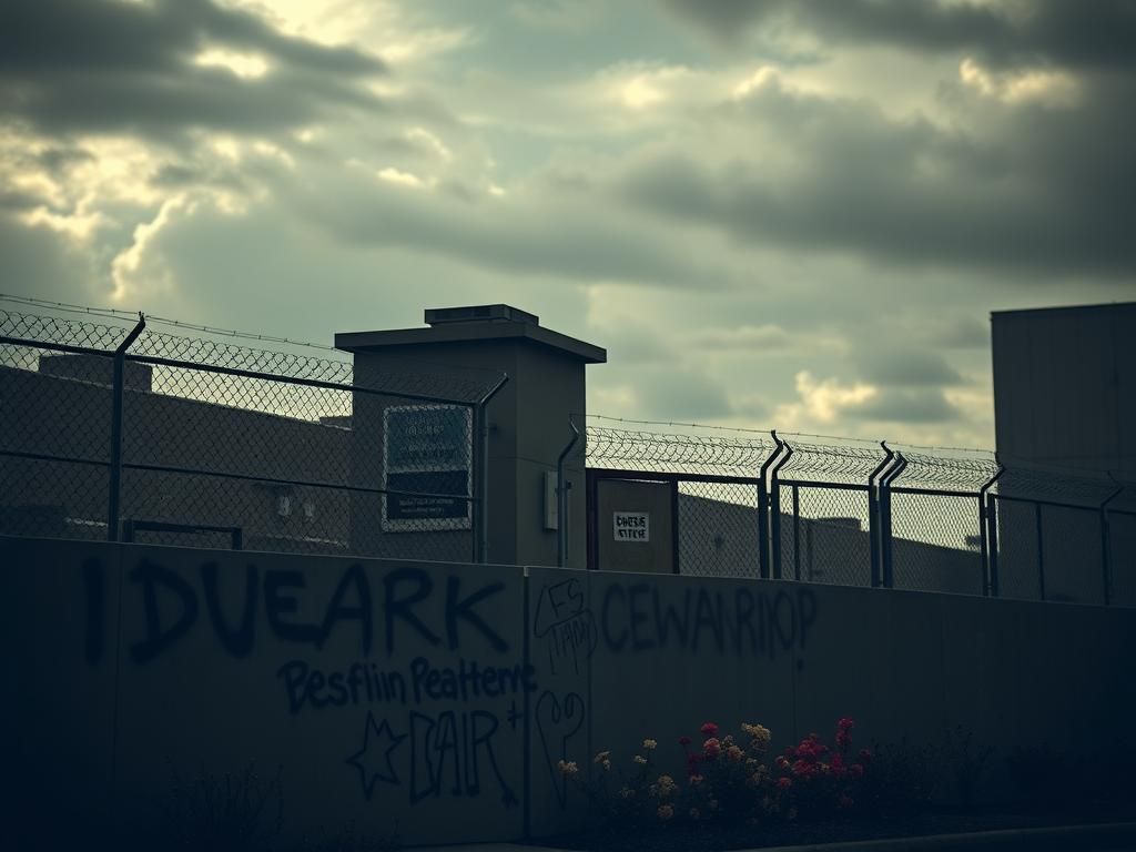 Flick International Exterior view of an Immigration and Customs Enforcement facility with graffiti and blooms