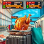 Flick International A vibrant rotisserie chicken sitting on a luggage cart at the airport