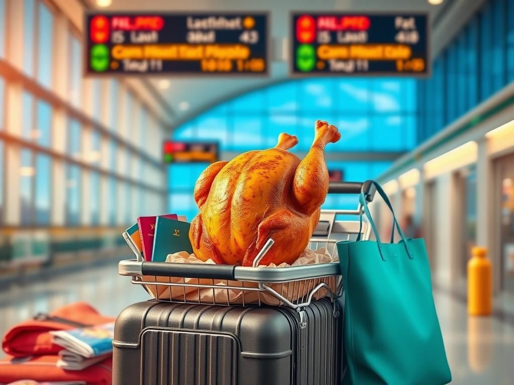 Flick International A vibrant rotisserie chicken sitting on a luggage cart at the airport