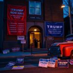 Flick International Dimly lit town hall in Allentown, Pennsylvania with political banners and protest signs