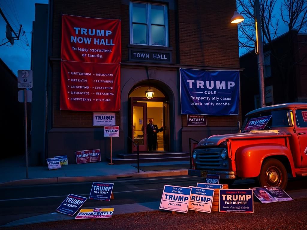 Flick International Dimly lit town hall in Allentown, Pennsylvania with political banners and protest signs