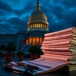 Flick International A twilight view of the U.S. Capitol building with illuminated dome and stacks of legislative bills