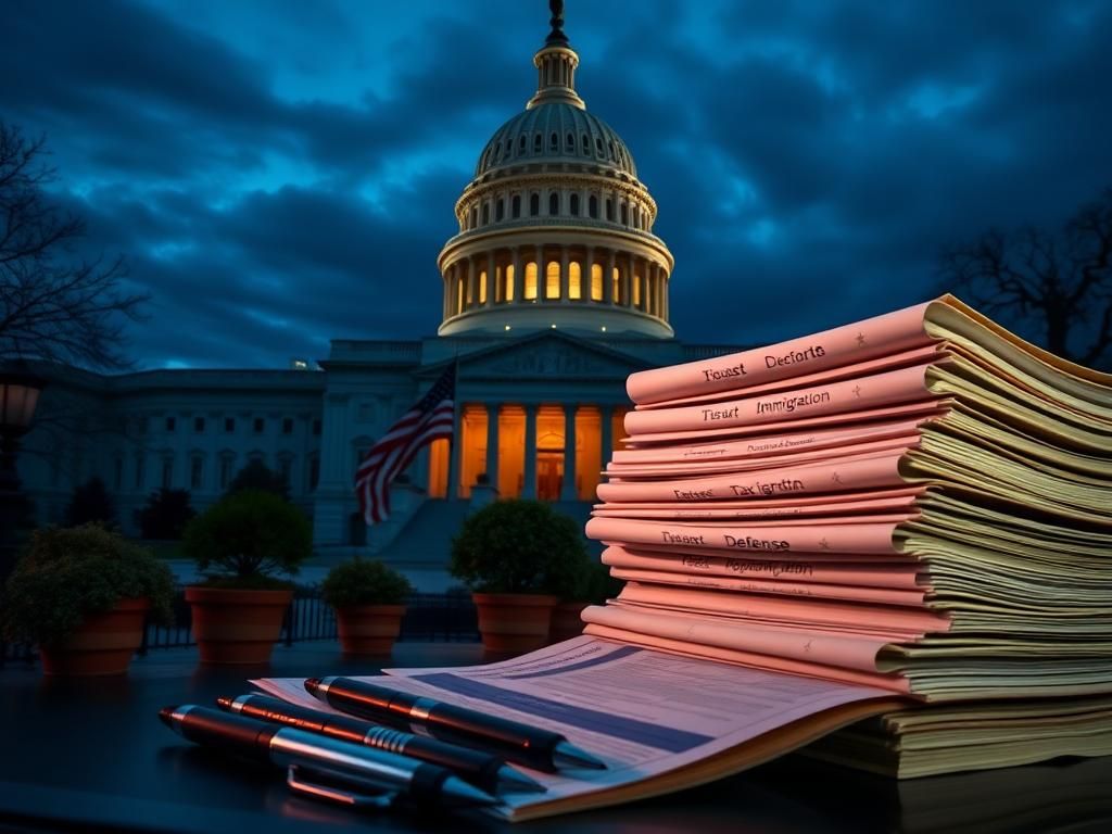 Flick International A twilight view of the U.S. Capitol building with illuminated dome and stacks of legislative bills