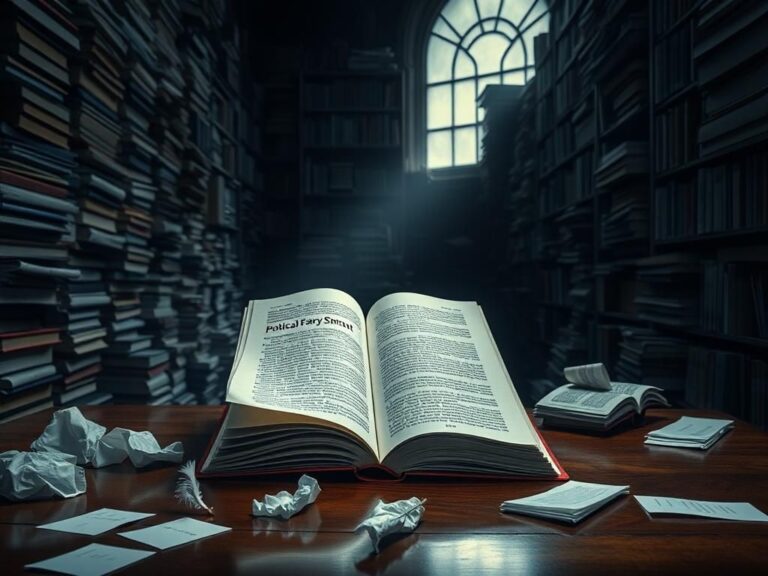 Flick International A shadowy library filled with chaotic stacks of books, symbolizing the turmoil of political discourse.