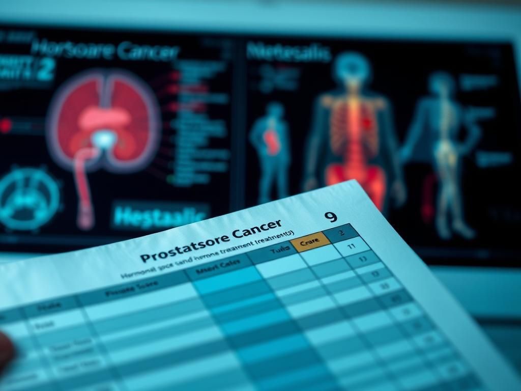 Flick International Close-up of a medical chart showing a highlighted Gleason score of 9, indicating advanced prostate cancer